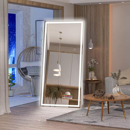 32 In. W X 71 In. H Square White LED Lighted Floor Standing Mirror, Hanging Moun
