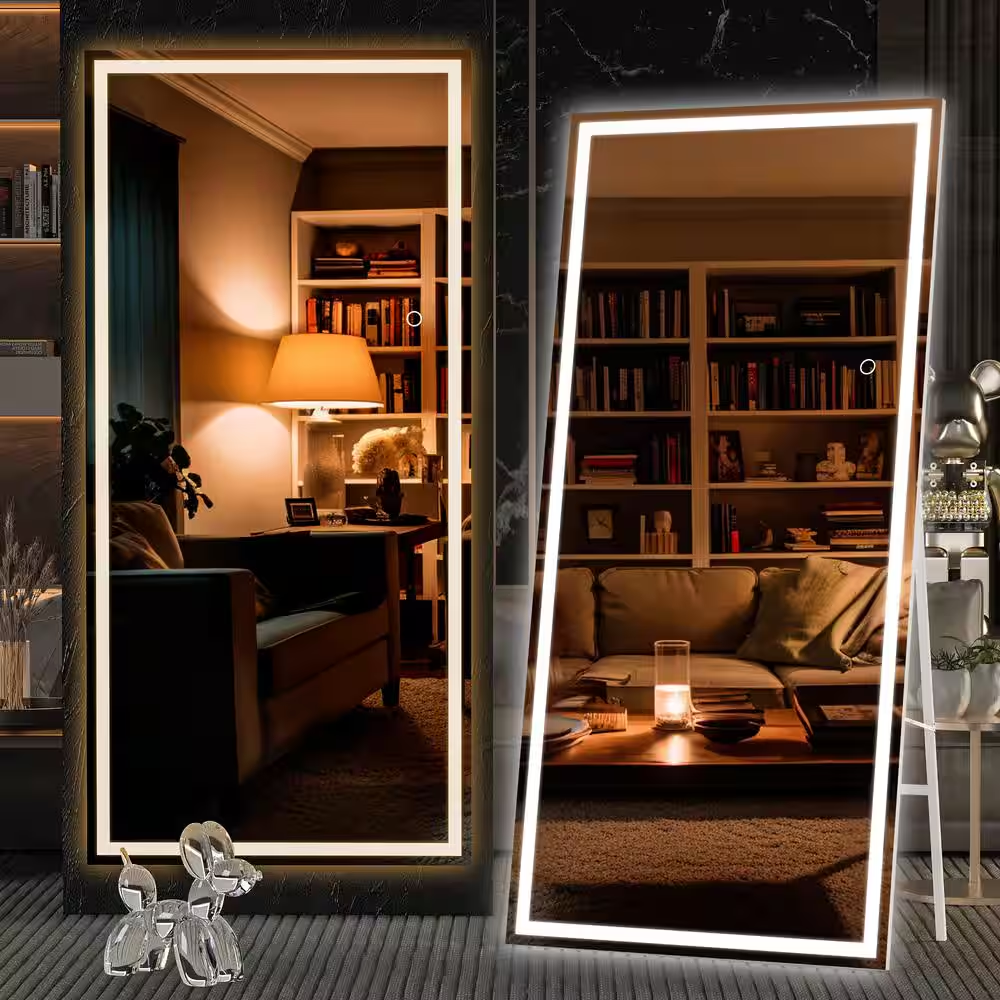 32 In. W X 71 In. H Square White LED Lighted Floor Standing Mirror, Hanging Moun