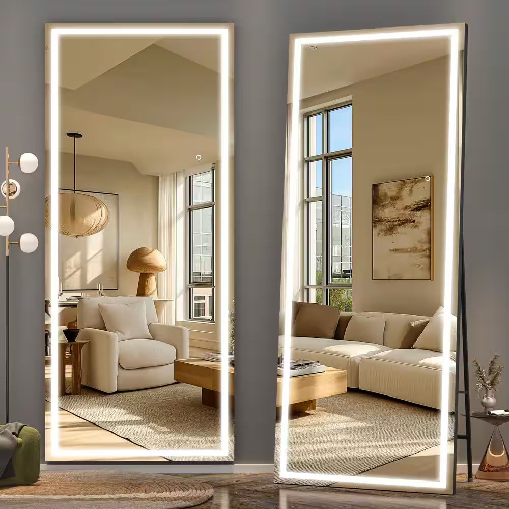 34 In. W X 81 In. H Square Black LED Lighted Floor Standing Mirror, Hanging Moun