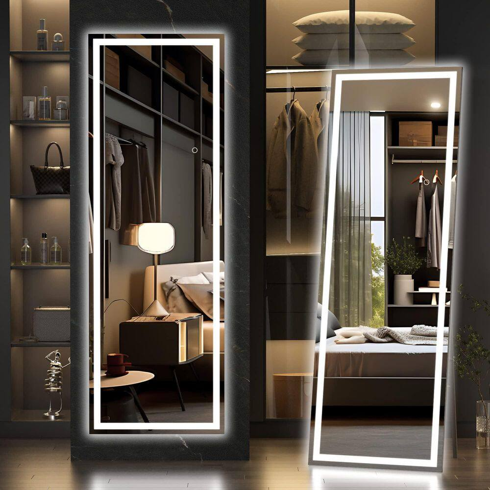 34 In. W X 81 In. H Square Black LED Lighted Floor Standing Mirror, Hanging Moun
