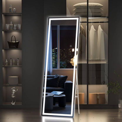 34 In. W X 81 In. H Square Black LED Lighted Floor Standing Mirror, Hanging Moun