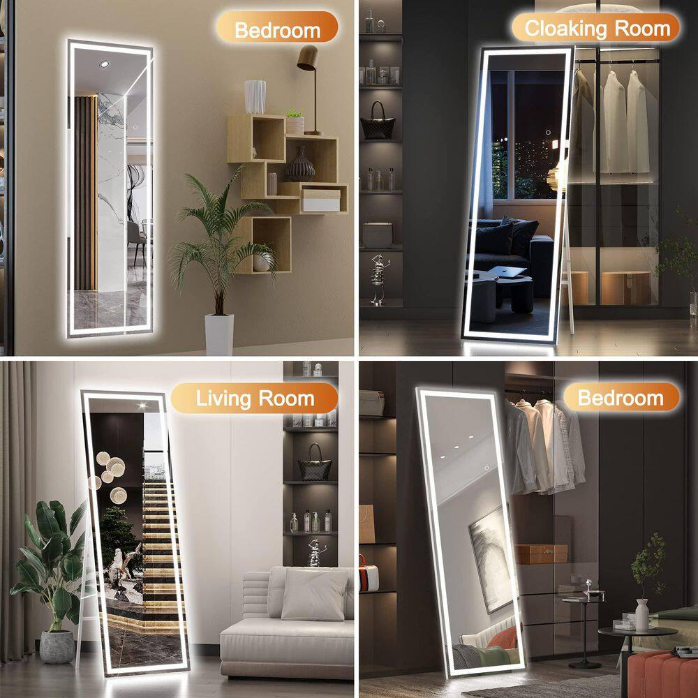 34 In. W X 81 In. H Square Black LED Lighted Floor Standing Mirror, Hanging Moun