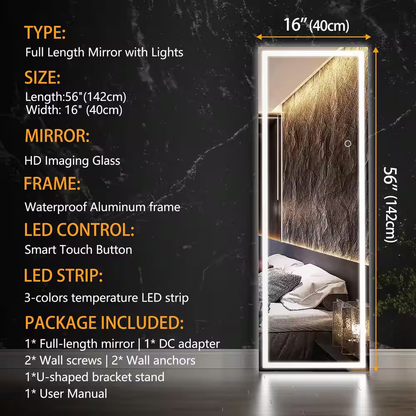 34 In. W X 81 In. H Square Black LED Lighted Floor Standing Mirror, Hanging Moun