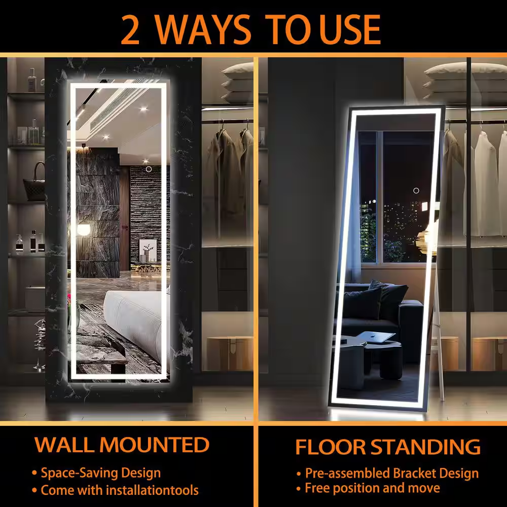 34 In. W X 81 In. H Square Black LED Lighted Floor Standing Mirror, Hanging Moun