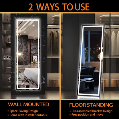 34 In. W X 81 In. H Square Black LED Lighted Floor Standing Mirror, Hanging Moun