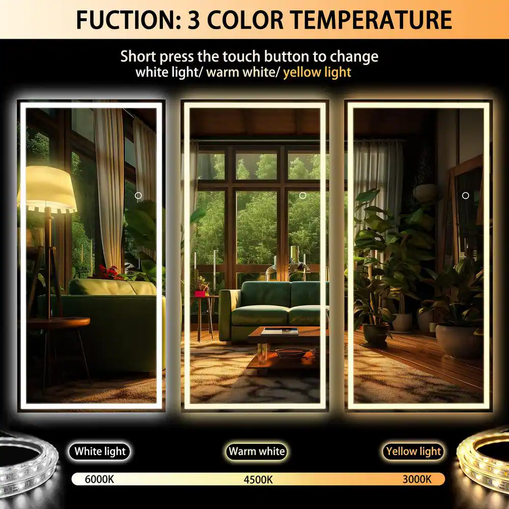 34 In. W X 81 In. H Square Black LED Lighted Floor Standing Mirror, Hanging Moun