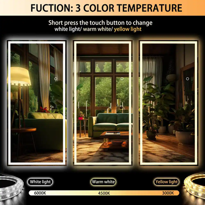 34 In. W X 81 In. H Square Black LED Lighted Floor Standing Mirror, Hanging Moun