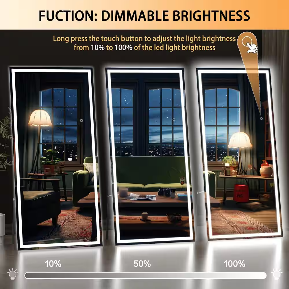 34 In. W X 81 In. H Square Black LED Lighted Floor Standing Mirror, Hanging Moun