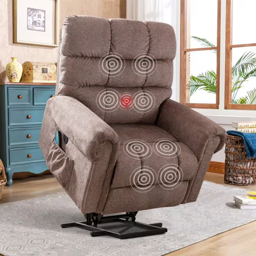 38In.W Taupe Fabric Power Lift Recliner W/ 8-Point Vibration Heating Massage, Ro