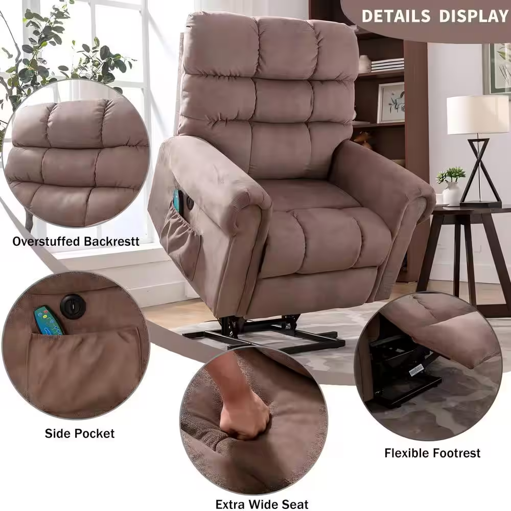 38In.W Taupe Fabric Power Lift Recliner W/ 8-Point Vibration Heating Massage, Ro