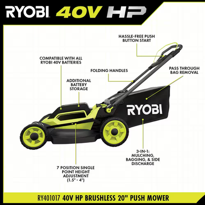 40V HP Brushless 20 In. Cordless Battery Walk behind Push Lawn Mower with 6.0 Ah