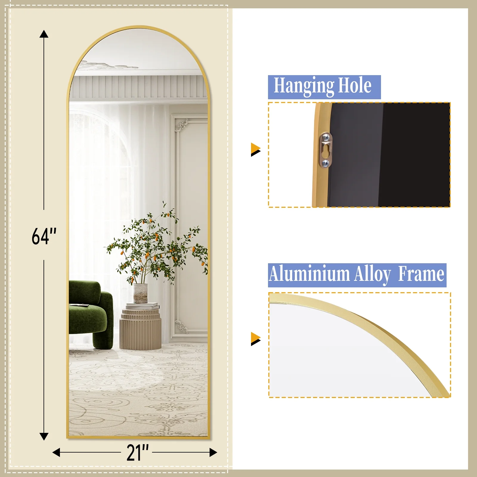64&quot;X 21&quot; Full Length Mirror Arched Standing Floor Mirror Full Body Mirror, Gold