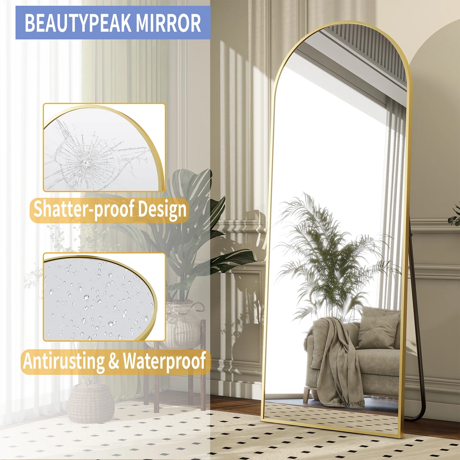 64&quot;X 21&quot; Full Length Mirror Arched Standing Floor Mirror Full Body Mirror, Gold
