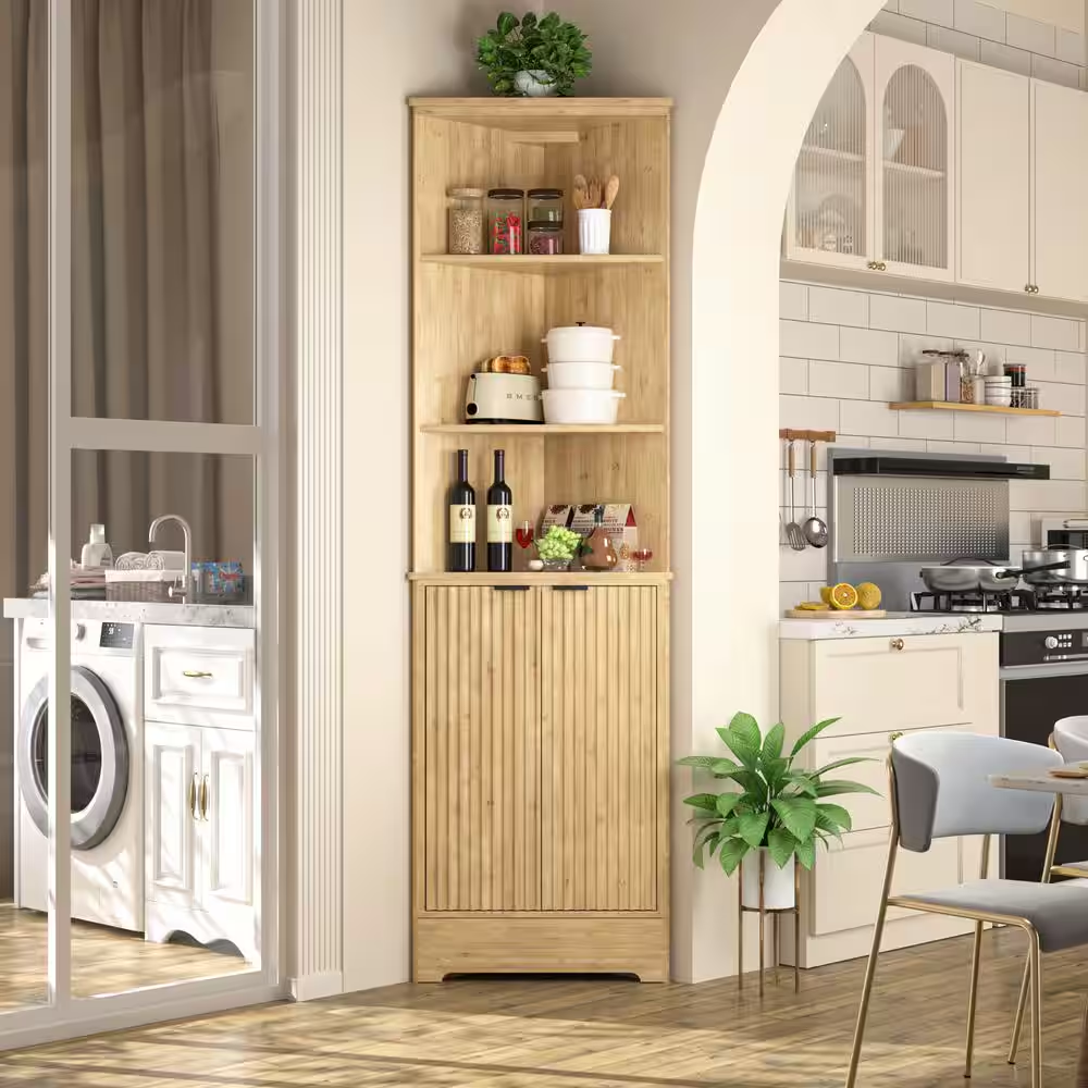 68 In. H Bamboo Corner Cabinet with Fluted Doors and Shelves, Freestanding Corne