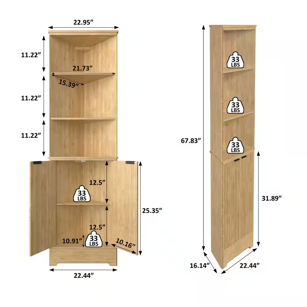 68 In. H Bamboo Corner Cabinet with Fluted Doors and Shelves, Freestanding Corne