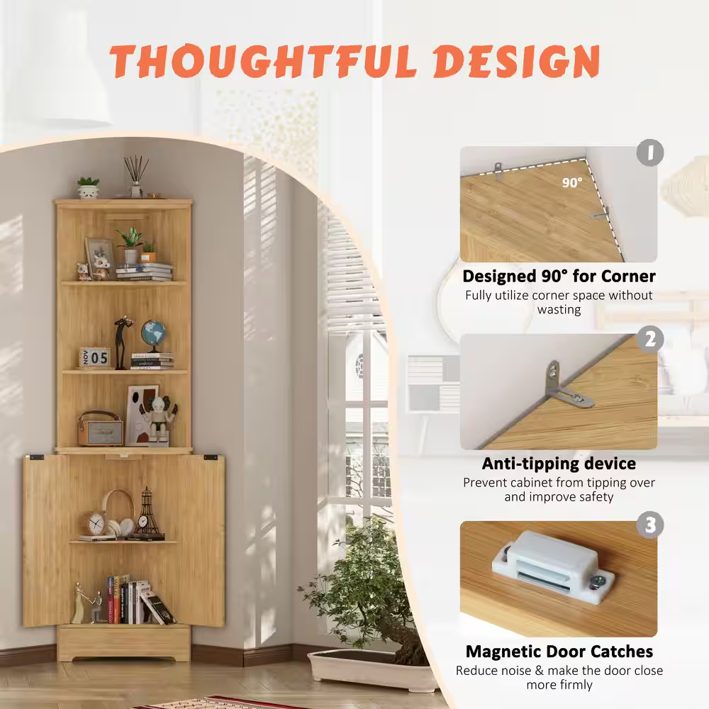 68 In. H Bamboo Corner Cabinet with Fluted Doors and Shelves, Freestanding Corne