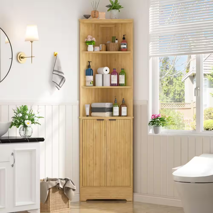 68 In. H Bamboo Corner Cabinet with Fluted Doors and Shelves, Freestanding Corne