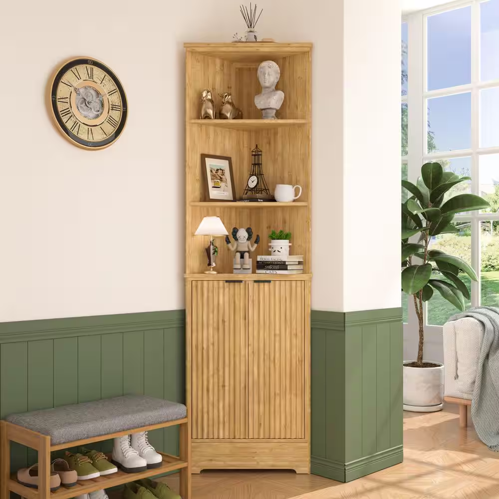68 In. H Bamboo Corner Cabinet with Fluted Doors and Shelves, Freestanding Corne