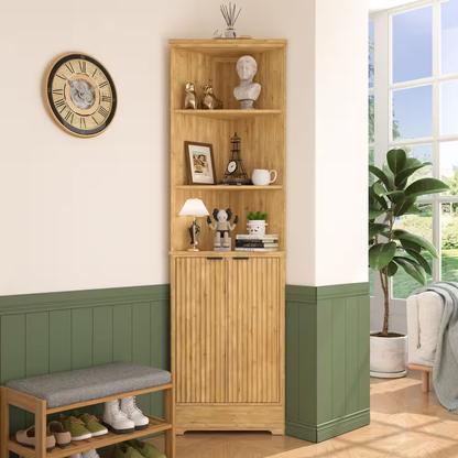 68 In. H Bamboo Corner Cabinet with Fluted Doors and Shelves, Freestanding Corne