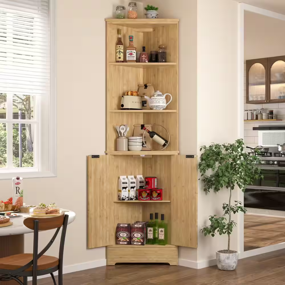 68 In. H Bamboo Corner Cabinet with Fluted Doors and Shelves, Freestanding Corne