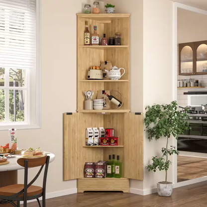 68 In. H Bamboo Corner Cabinet with Fluted Doors and Shelves, Freestanding Corne