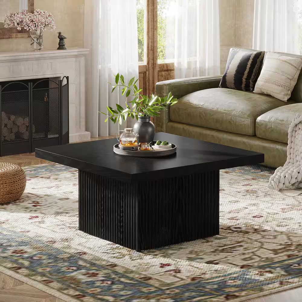 Allan 31.5 In. Black Square Wood Coffee Table with Fluted Design