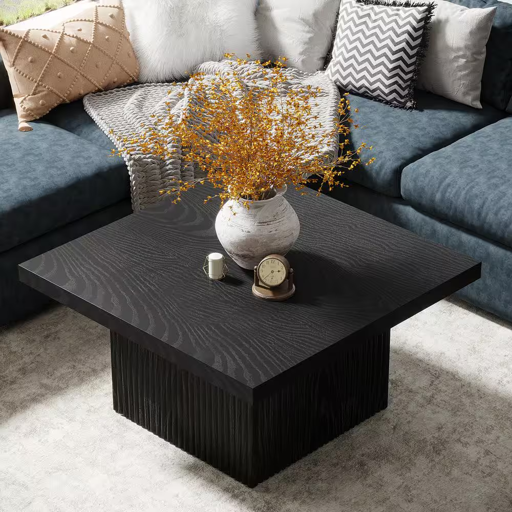 Allan 31.5 In. Black Square Wood Coffee Table with Fluted Design