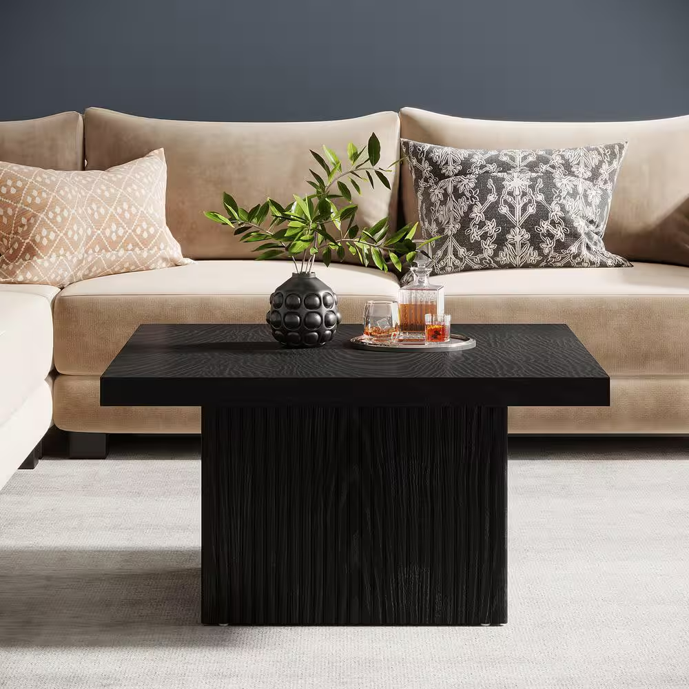 Allan 31.5 In. Black Square Wood Coffee Table with Fluted Design