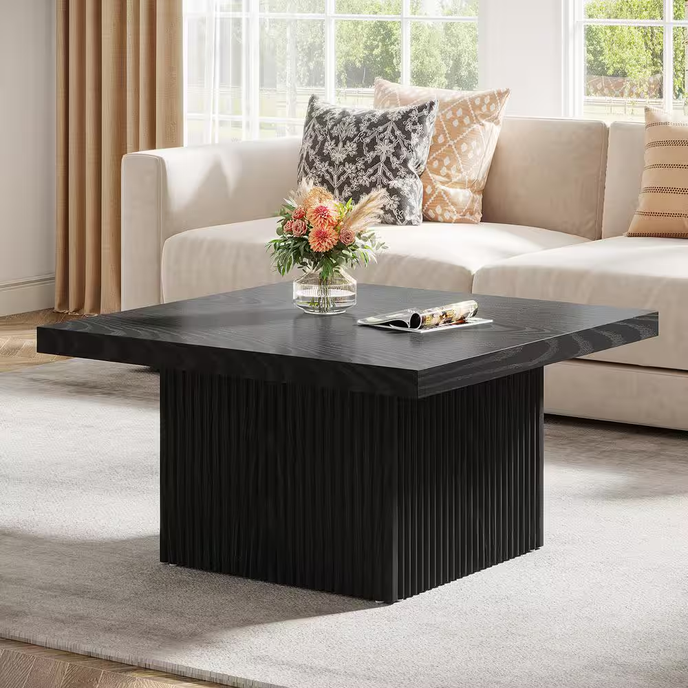 Allan 31.5 In. Black Square Wood Coffee Table with Fluted Design