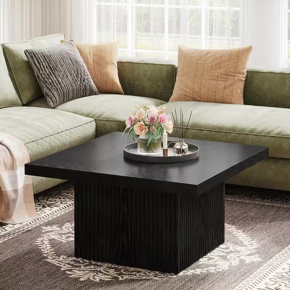 Allan 31.5 In. Black Square Wood Coffee Table with Fluted Design