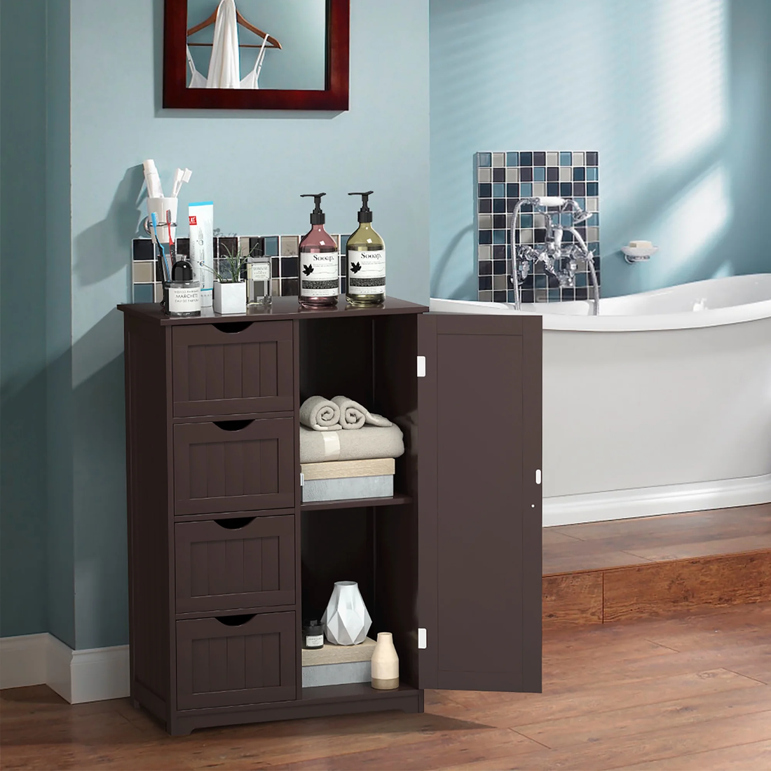 Bathroom Storage Wooden 4 Drawer Cabinet Cupboard 2 Shelves Free Standing Brown