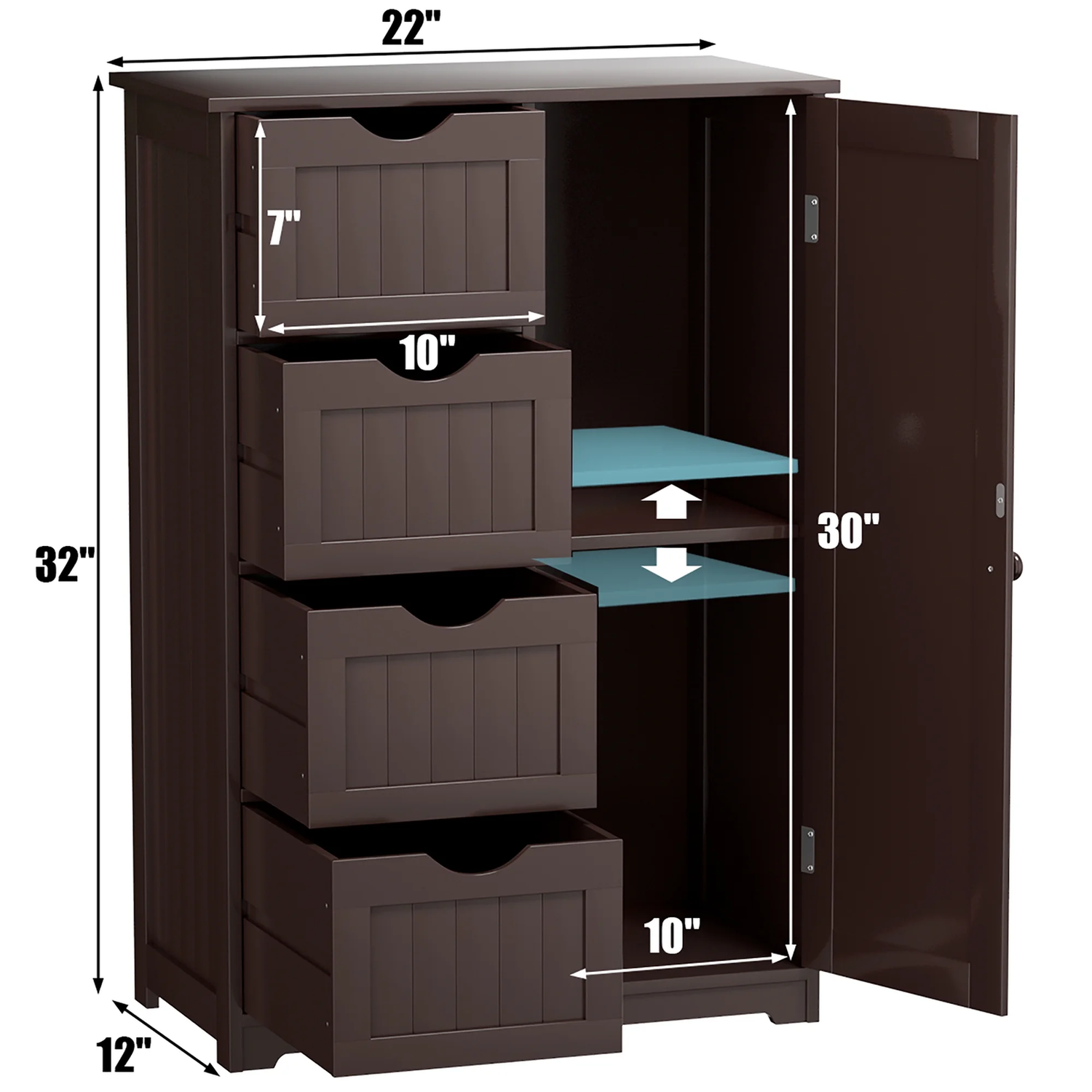 Bathroom Storage Wooden 4 Drawer Cabinet Cupboard 2 Shelves Free Standing Brown