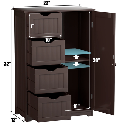 Bathroom Storage Wooden 4 Drawer Cabinet Cupboard 2 Shelves Free Standing Brown