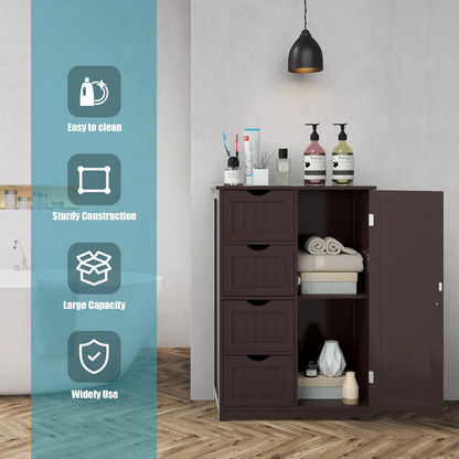 Bathroom Storage Wooden 4 Drawer Cabinet Cupboard 2 Shelves Free Standing Brown