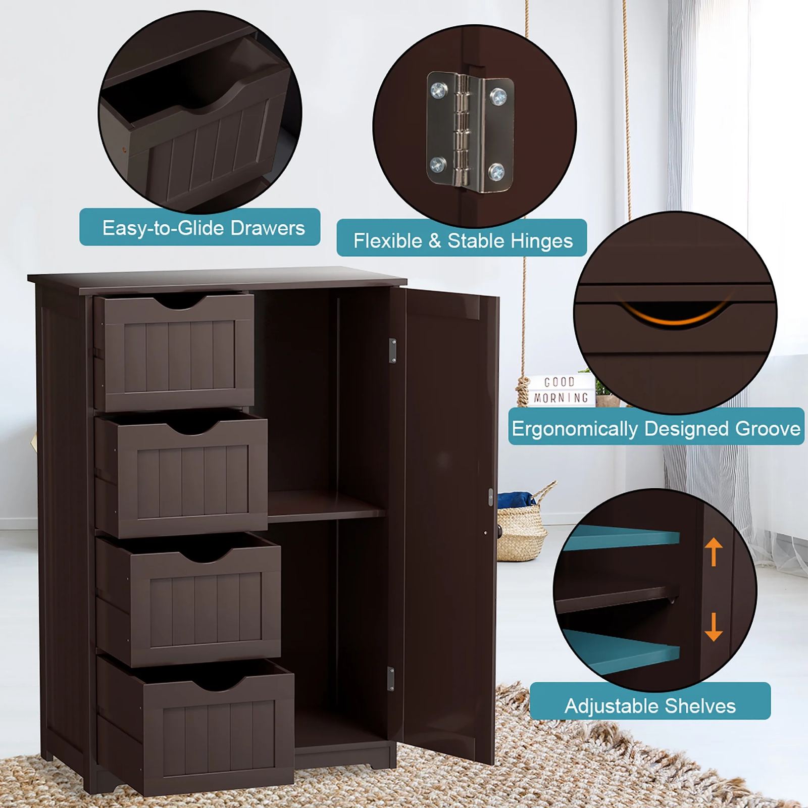 Bathroom Storage Wooden 4 Drawer Cabinet Cupboard 2 Shelves Free Standing Brown