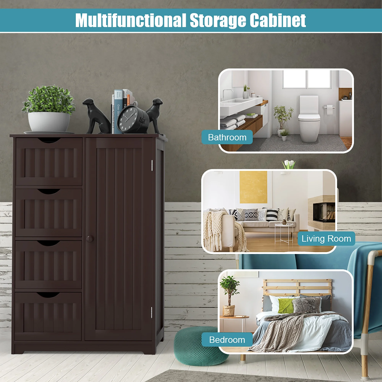 Bathroom Storage Wooden 4 Drawer Cabinet Cupboard 2 Shelves Free Standing Brown