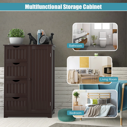 Bathroom Storage Wooden 4 Drawer Cabinet Cupboard 2 Shelves Free Standing Brown