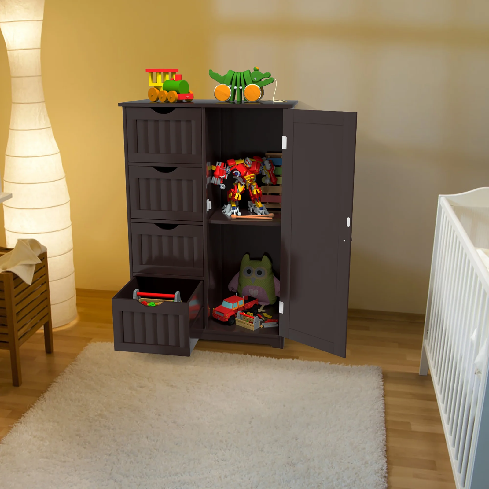 Bathroom Storage Wooden 4 Drawer Cabinet Cupboard 2 Shelves Free Standing Brown