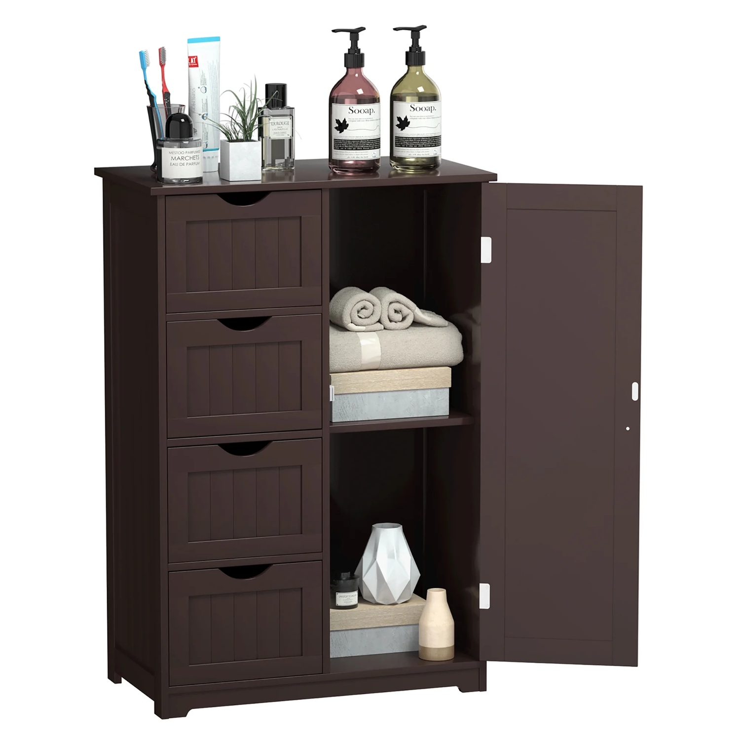 Bathroom Storage Wooden 4 Drawer Cabinet Cupboard 2 Shelves Free Standing Brown