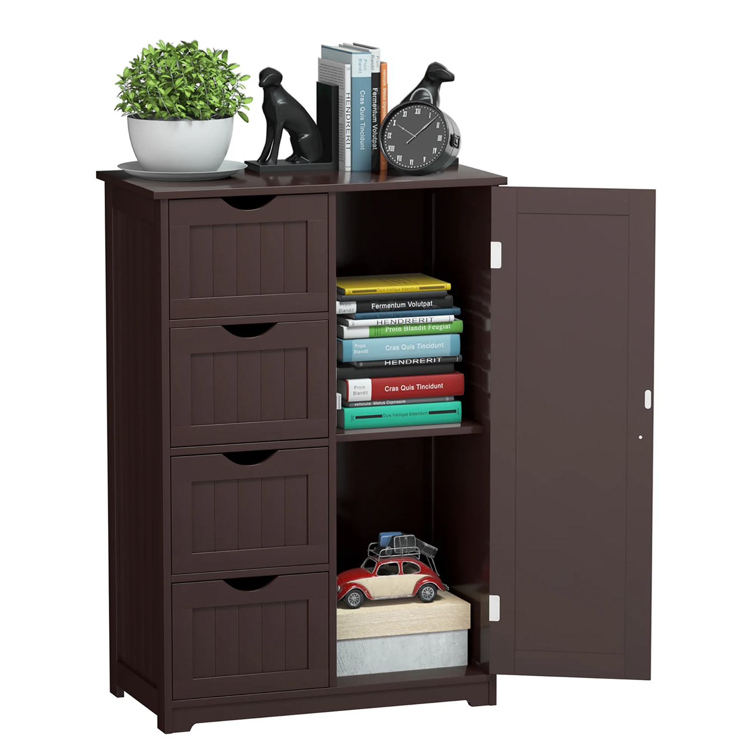 Bathroom Storage Wooden 4 Drawer Cabinet Cupboard 2 Shelves Free Standing Brown