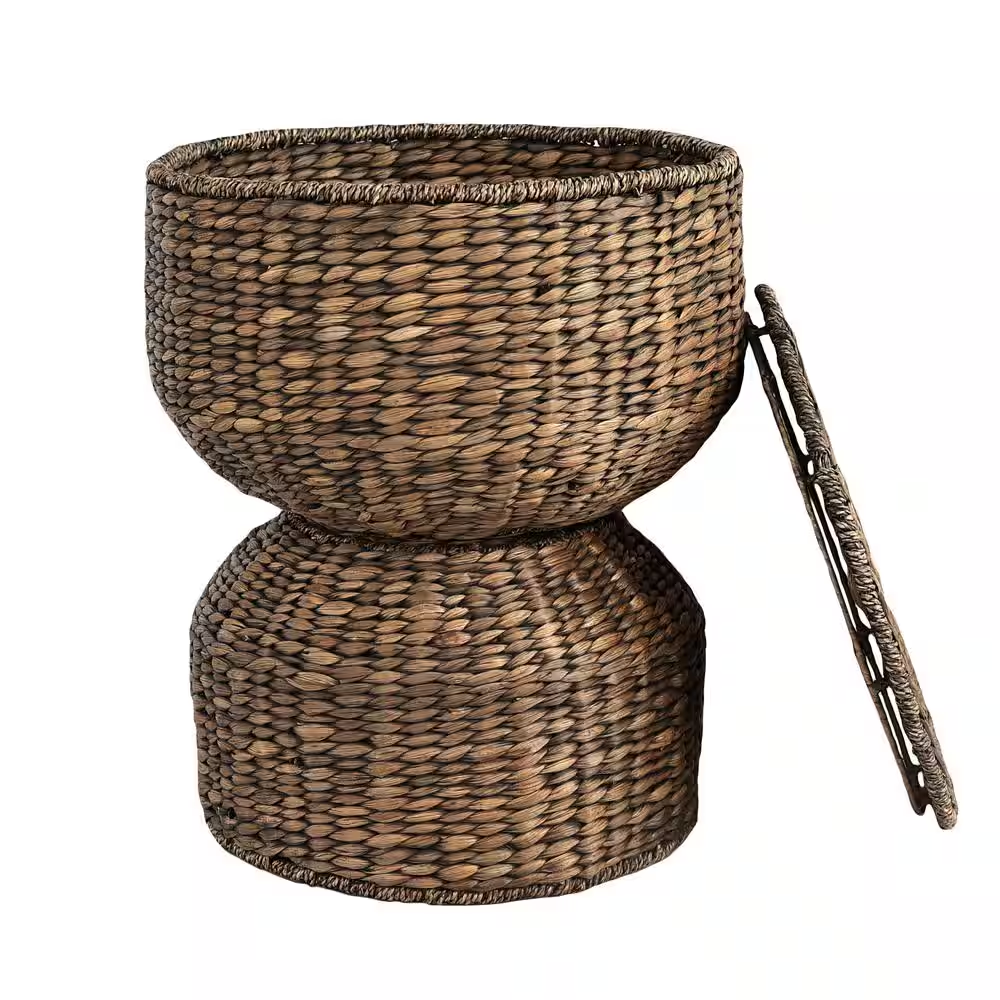 Bhola 18 In. Hourglass Handwoven Hyacinth Storage Accent Table with Lid, Brown W
