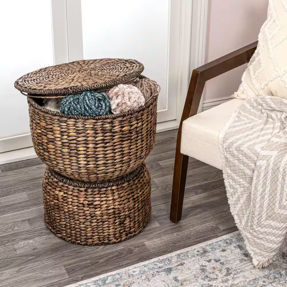 Bhola 18 In. Hourglass Handwoven Hyacinth Storage Accent Table with Lid, Brown W
