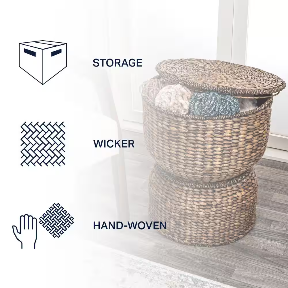 Bhola 18 In. Hourglass Handwoven Hyacinth Storage Accent Table with Lid, Brown W
