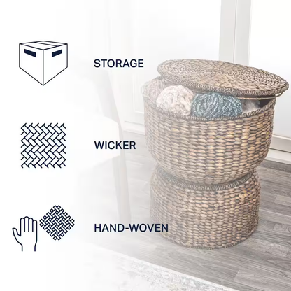 Bhola 18 In. Hourglass Handwoven Hyacinth Storage Accent Table with Lid, Brown W