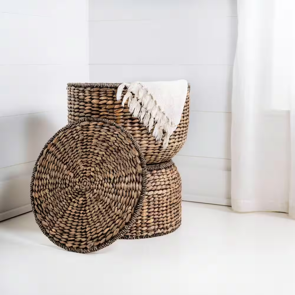 Bhola 18 In. Hourglass Handwoven Hyacinth Storage Accent Table with Lid, Brown W