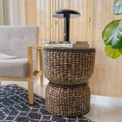 Bhola 18 In. Hourglass Handwoven Hyacinth Storage Accent Table with Lid, Brown W