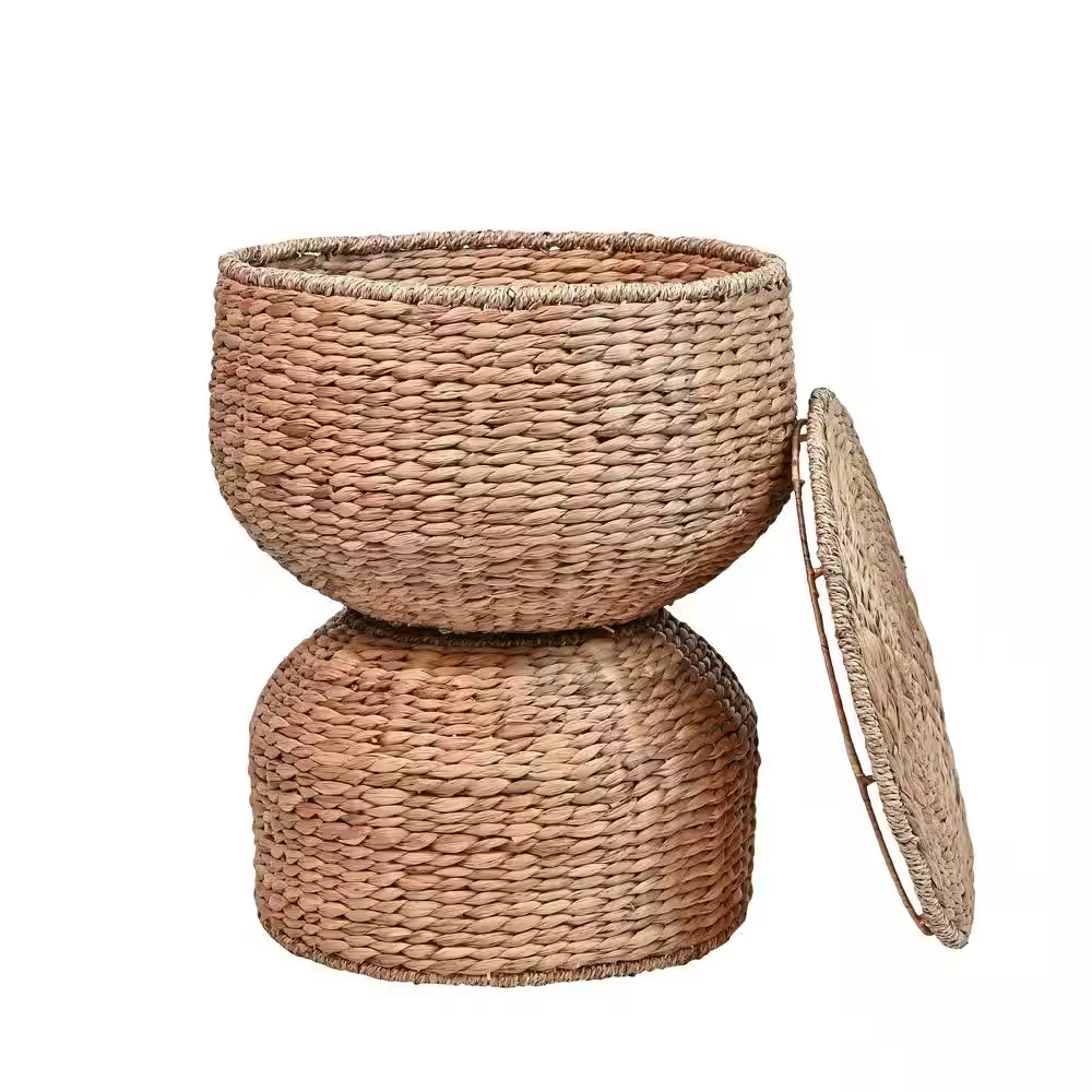 Bhola 18 In. Hourglass Handwoven Hyacinth Storage Accent Table with Lid, Natural