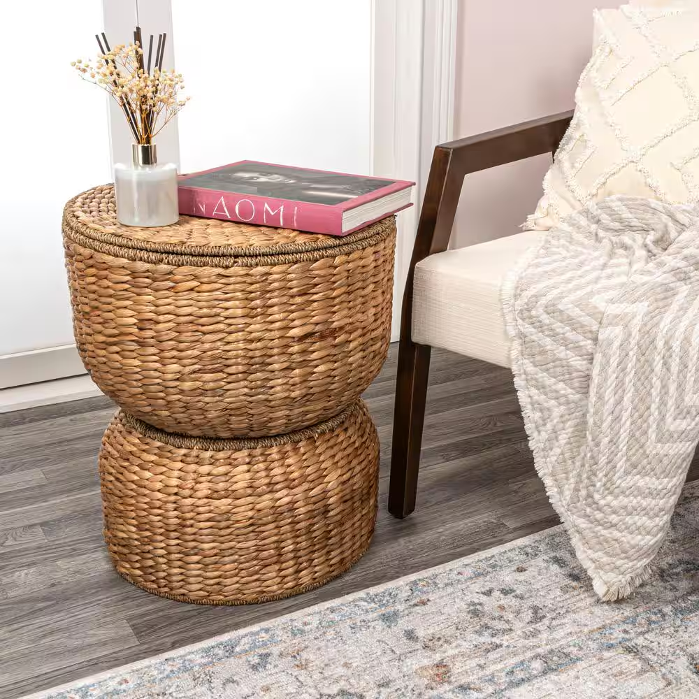 Bhola 18 In. Hourglass Handwoven Hyacinth Storage Accent Table with Lid, Natural