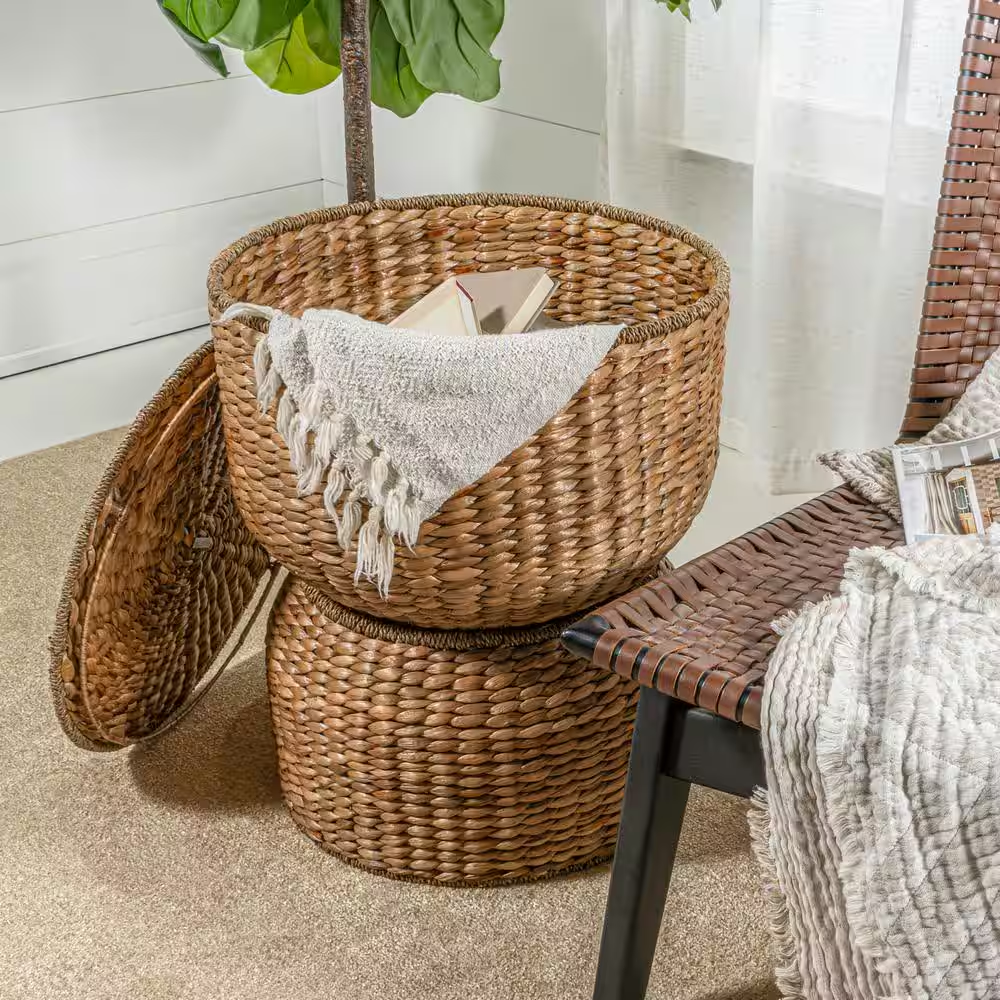 Bhola 18 In. Hourglass Handwoven Hyacinth Storage Accent Table with Lid, Natural
