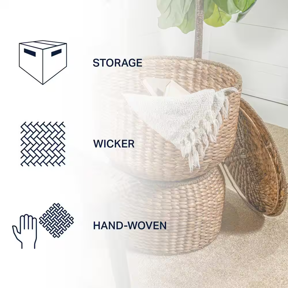 Bhola 18 In. Hourglass Handwoven Hyacinth Storage Accent Table with Lid, Natural